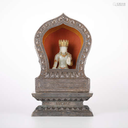 Chinese silver, gold and white jade Buddha building，18th