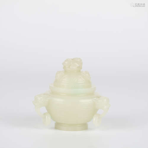 China Hotan white jade carving censer