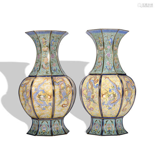 A pair of enamel 'dragon' vase