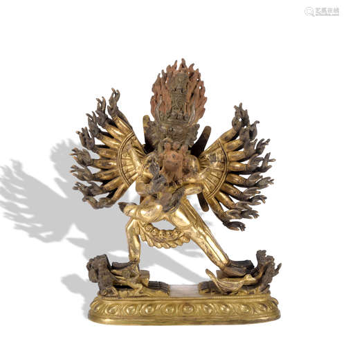 A gilt-bronze statue of Yamantaka