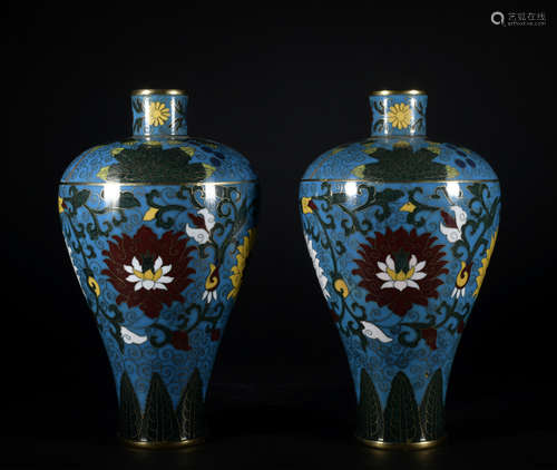 A pair of Cloisonne enamel 'lotus' Meiping