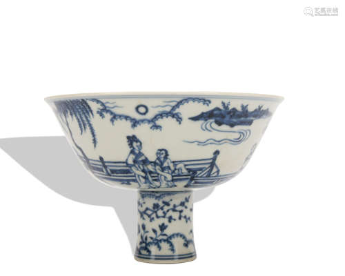 A blue and white 'figure' stem bowl