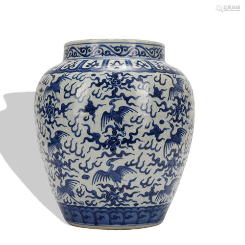 A blue and white 'crane' jar