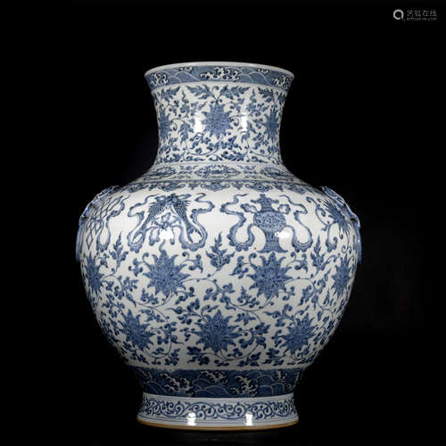 A blue and white 'floral' jar