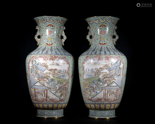 A pair of enamel 'landscape' vase