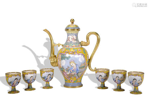 A set of enamel teapot and cup