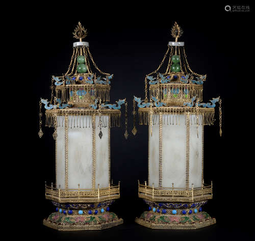 A pair of jade filigree pagoda