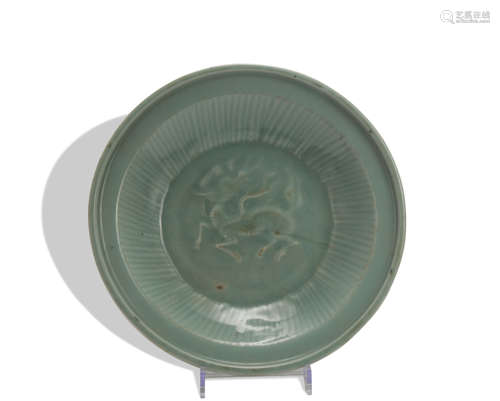 A celadon-glazed 'dragon' dish