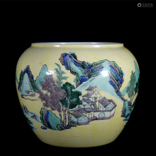 A Wu cai 'landscape' jar