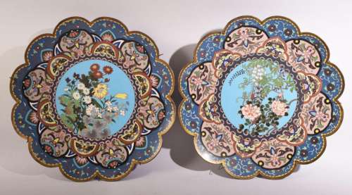 A PAIR OF JAPANESE FLOWER SHAPED CLOISONNE DISHES, decorated...