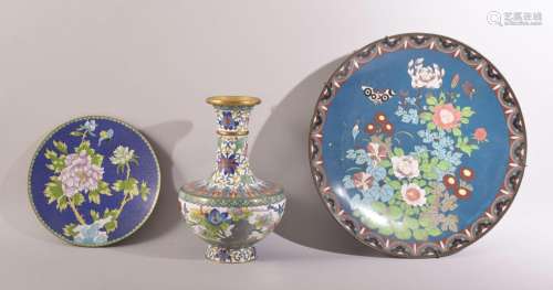 THREE JAPANESE CLOISONNE ITEMS, comprising a vase, a dish an...