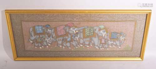 AN INDIAN PAINTING OF ELEPHANTS ON SILK, framed and glazed, ...