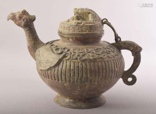 A CHINESE BRONZE ARCHAIC STYLE TEAPOT, with zoomorphic handl...