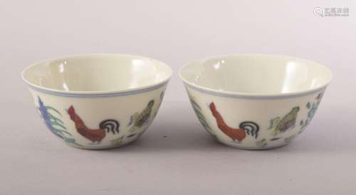 TWO GOOD CHINESE PORCELAIN ROOSTER CUPS, painted with rooste...