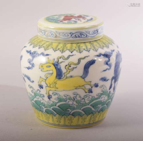 A CHINESE PORCELAIN DOUCAI JAR AND COVER, painted in the typ...