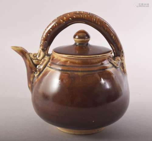 A SMALL CHINESE TREACLE GLAZE TEAPOT, with a chilong type ha...