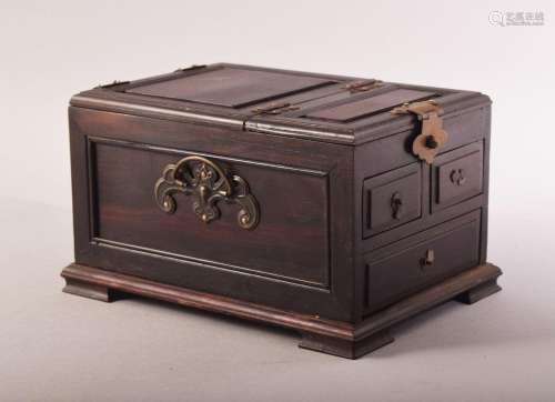 A CHINESE WOODEN VANITY BOX, the lid opening to reveal a mir...