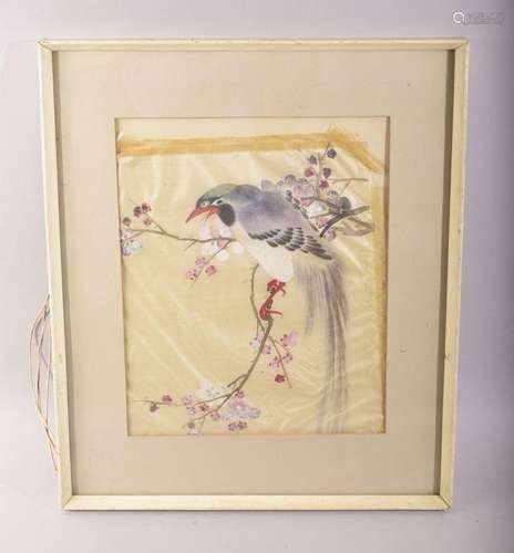 A CHINESE FRAMED AND GLAZED PAINTING ON SILK, depicting a bi...