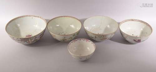 FIVE CHINESE PORCELAIN BOWLS, four painted with figures in l...