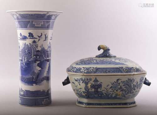 A CHINESE BLUE AND WHITE PORCELAIN TUREEN AND COVER, togethe...