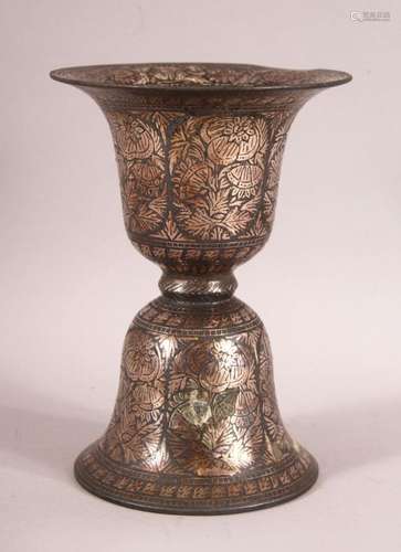 A SMALL SILVER INLAID BIDRI SPITTOON, 15cm high, 11cm diamet...