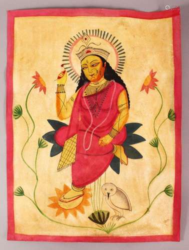 AN INDIAN KALIGHAT SCHOOL PAINTING OF GODDESS LAKSHMI on pap...