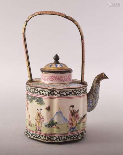 A SMALL CHINESE CANTON ENAMELLED TEAPOT, decorated with a sc...