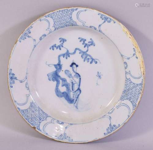 A CHINESE BLUE AND WHITE PORCELAIN PLATE, painted central wi...