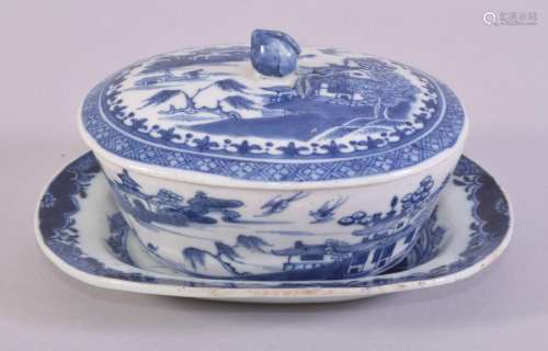 A CHINESE BLUE AND WHITE PORCELAIN BUTTER DISH AND SAUCER, p...