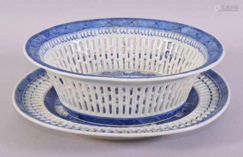 A CHINESE BLUE AND WHITE PIERCED PORCELAIN BASKET AND TRAY, ...