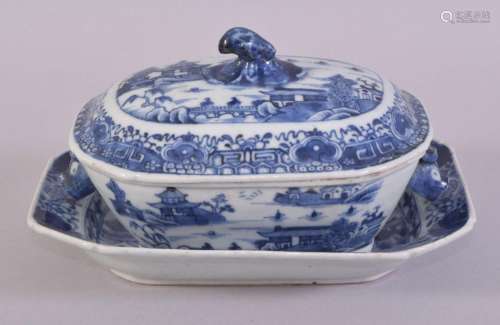 A SMALL CHINESE BLUE AND WHITE PORCELAIN TUREEN AND TRAY, de...