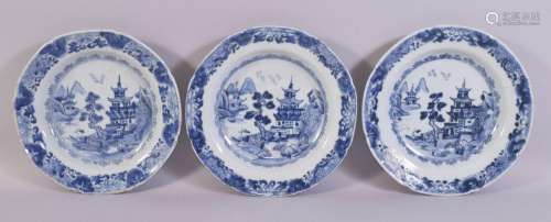THREE CHINESE BLUE AND WHITE PORCELAIN PLATES, each painted ...