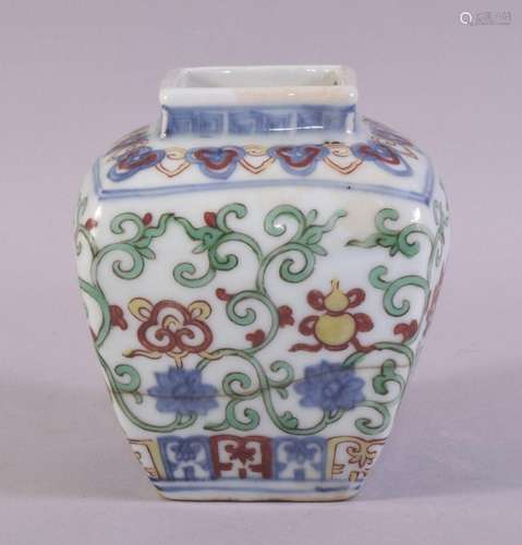 A CHINESE MING STYLE SQUARE FORM DOUCAI JAR, painted with pr...