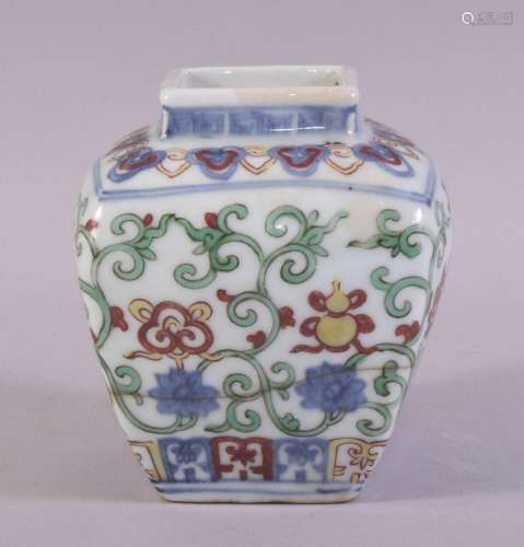 A CHINESE MING STYLE SQUARE FORM DOUCAI JAR, painted with pr...