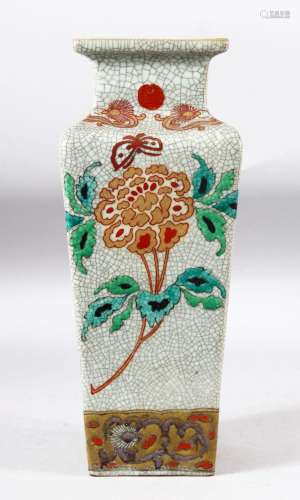 A CHINESE SQUARE FORM CRACKLE GLAZE VASE, painted with a sty...
