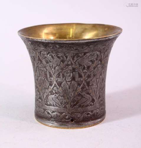 A SMALL BRASS AND ENGRAVED STEEL BEAKER SHAPED VESSEL, the e...