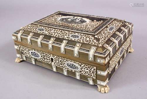 A 19TH CENTURY ANGLO INDIAN HORN & IVORY BOX, with carve...