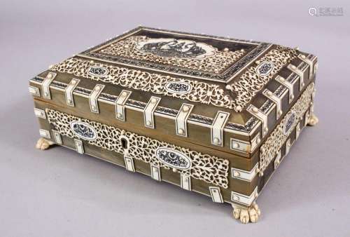 A 19TH CENTURY ANGLO INDIAN HORN & IVORY BOX, with carve...
