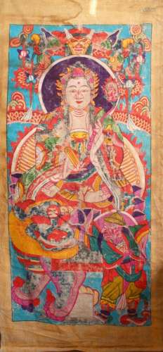 A LARGE CHINESE PAINTED TEXTILE THANKA, painted with scenes ...