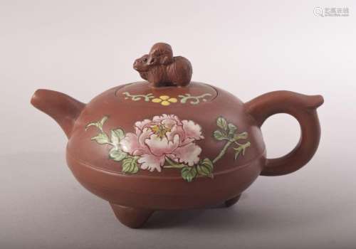 A CHINESE FAMILLE ROSE YIXING CLAY TEAPOT - with poly chrome...