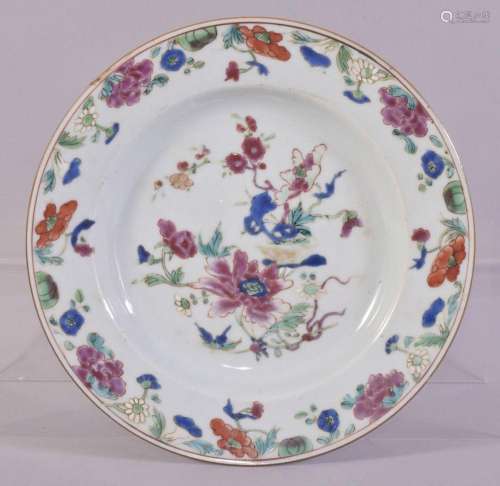 A CHINESE FAMILLE ROSE PORCELAIN PLATE, the centre with flor...
