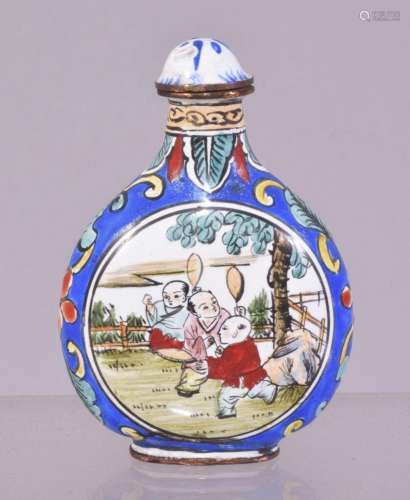 A CHINESE ENAMELLED SNUFF BOTTLE AND STOPPER, each side deco...