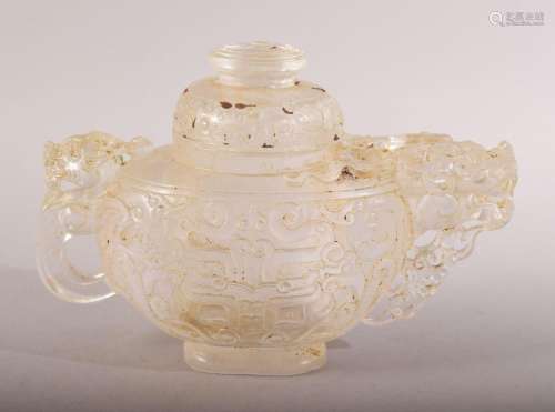 A CHINESE CARVED / MOULDED GLASS TEAPOT & COVER - decora...