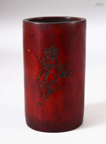 A CHINESE BAMBOO BRUSH POT, with incised decoration depictin...