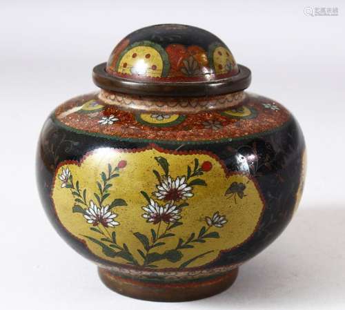 A JAPANESE CLOISONNE KORO AND COVER, the bowl with three pan...