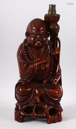 A CHINESE CARVED HARDWOOD FIGURE OF SHOU LAO - as a lamp - 4...