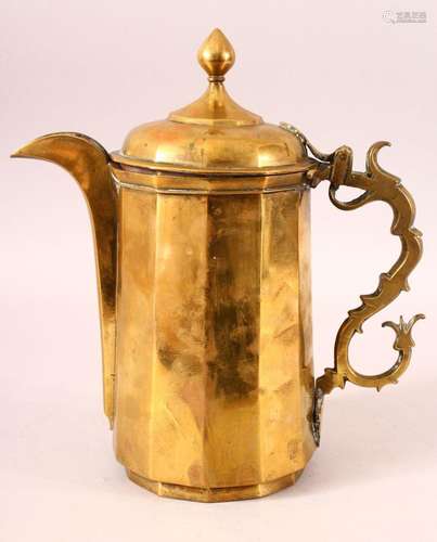 A LARGE 19TH CENTURY BRASS COFFEE POT, with hinged lid, 29cm...