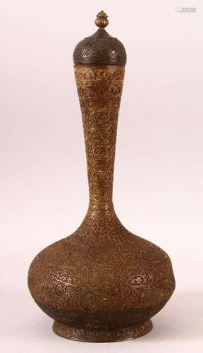 A LARGE 18TH/19TH CENTURY LIDDED COPPER SURAHI BOTTLE, with ...