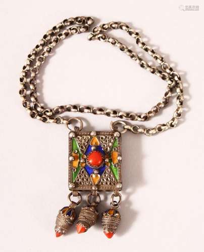 A 19TH CENTURY MOROCCAN ENAMEL & SILVER NECKLACE - the p...