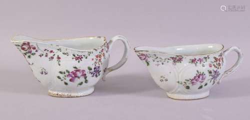 A PAIR OF CHINESE FAMILLE ROSE SAUCE BOATS, painted with flo...